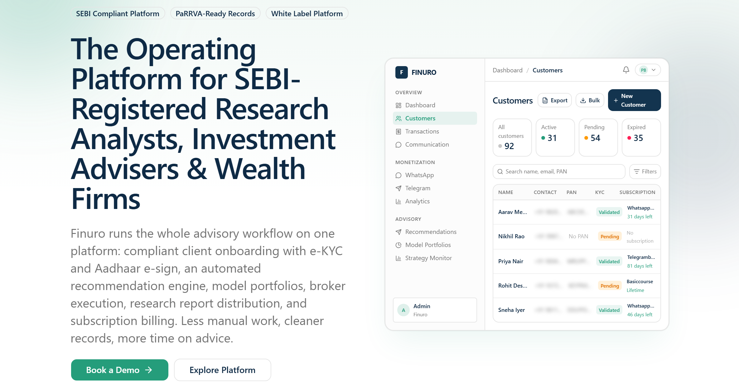 Finuro advisory platform dashboard